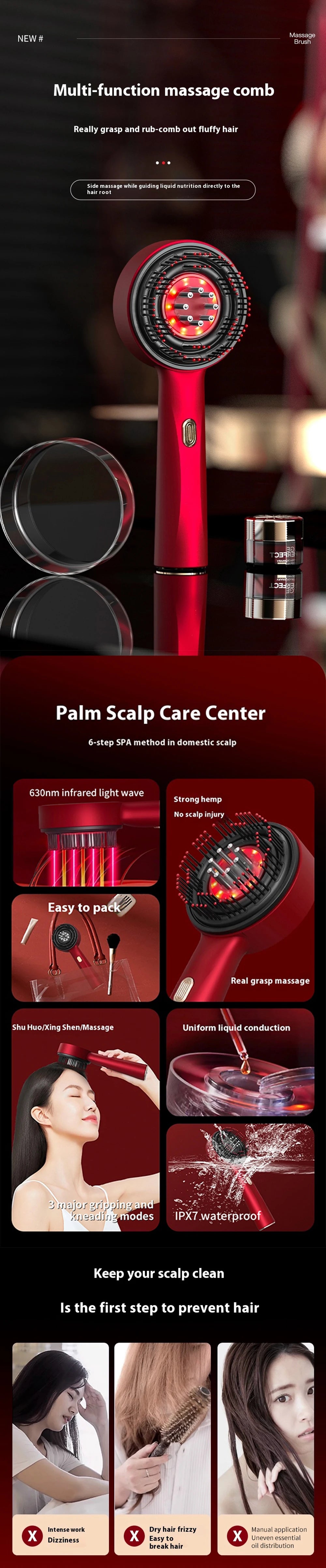 Red Light Scalp Therapy Comb Electric Massage Hairbrush for Minoxidil Solution Applicator Scalp Treatment for Hair Growth