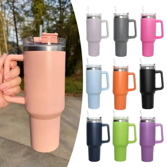 40oz Sports Kettle Stainless Steel Flat Glass Water Bottle with Handle Straw Vacuum Flasks Large Capacity Beer Coffee Drink Cup