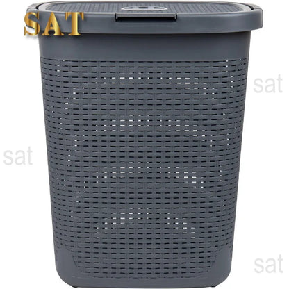 50L Slim Laundry Hamper, Clothes Basket, Lid, Wicker Design, Plastic, 17.65"L x 13.75"W x 21"H