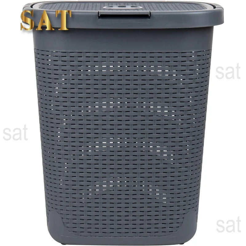 50L Slim Laundry Hamper, Clothes Basket, Lid, Wicker Design, Plastic, 17.65"L x 13.75"W x 21"H