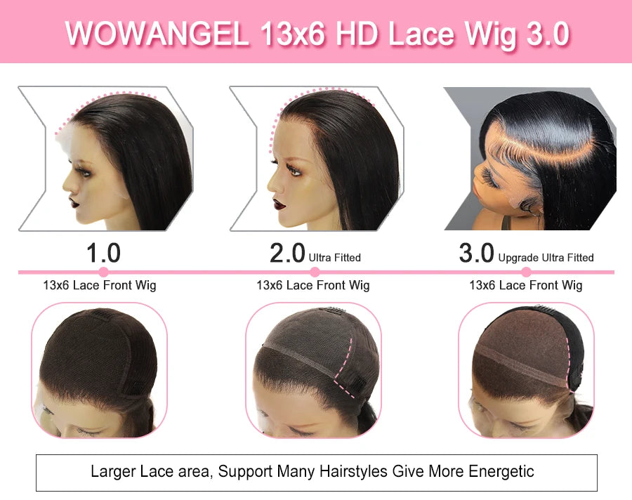 WowAngel 250% Upgraded 13x6 HD Lace Full Frontal Wigs Glueless Straight Human Hair Wigs Pre Plucked Natural Scalp Brazilian Hair