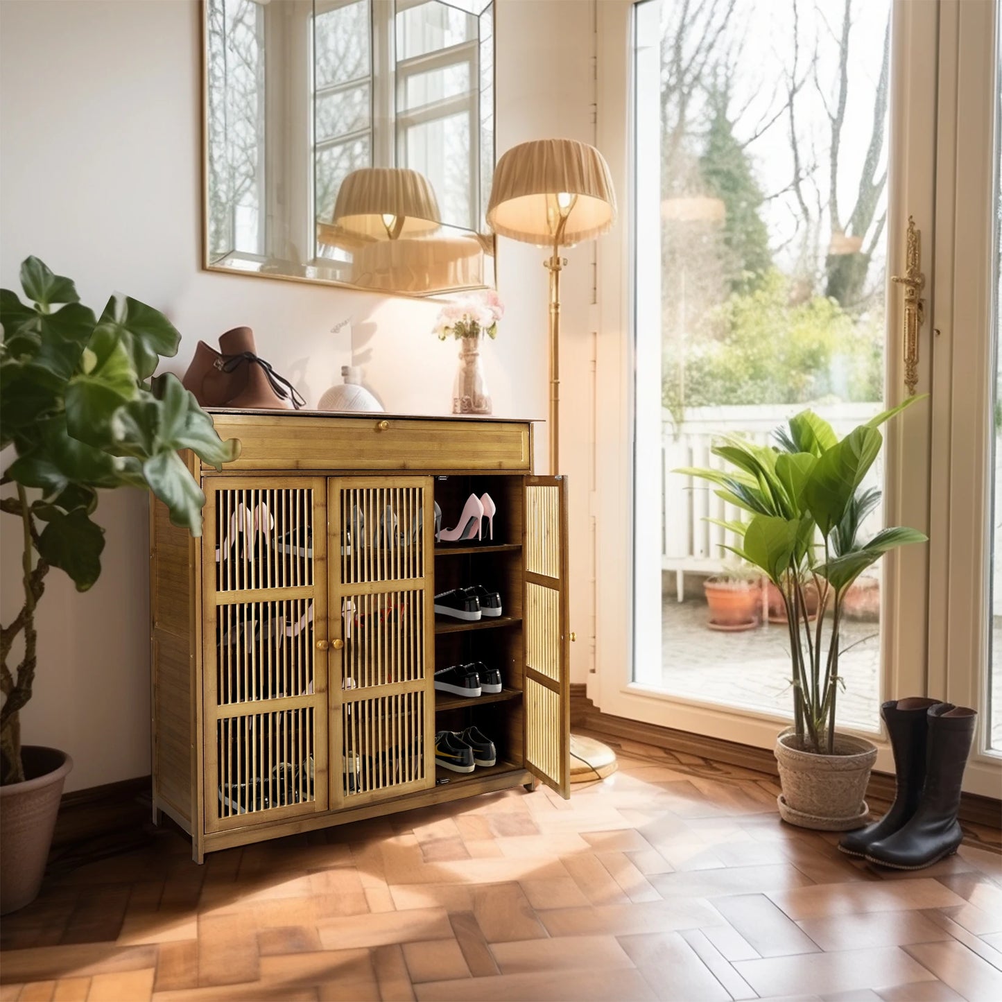 4 Tier Wooden Shoes Rack Organiser with 3 Hollow Doors