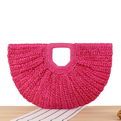 Women Handmade Straw Tote Bag Large Capacity Bohemia Moon Handbag Solid Color Simple Weaving Wrist Bag Summer Beach Bag