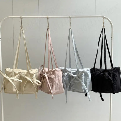 Women's Bags Bow Knot Pleated Nylon Shoulder Bag Fashion Sweet Pink Designer Lady Luxury Brand Tote Bag Spring Summer Armpit Bag