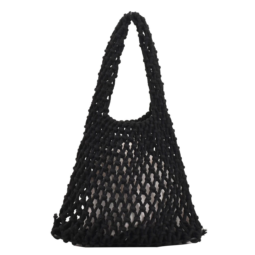 Women Braid Handbag Cotton Linen Top Handle Bag Woven Basket Bag Net Shopper Bag