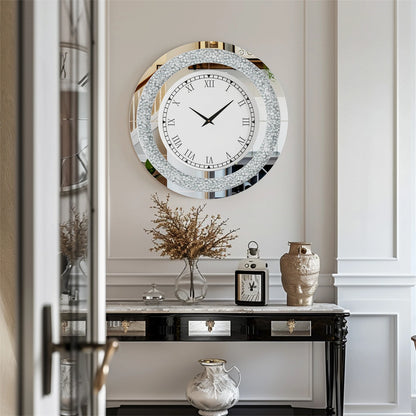 Silver/Tawny Tinted Round Mirror Clock Crystal Sparkle Twinkle Bling Crush Diamond Mirrored Wall Clock for Wall Decoration