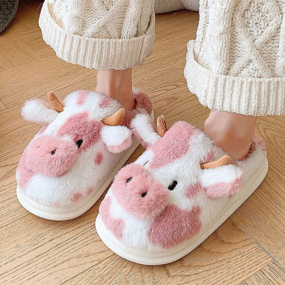 Women's Winter Warm Cartoon Cow Slippers Closed Toe Non Slip Furry House Shoes Women Indoor Bedroom Thick Sole Plush Slippers