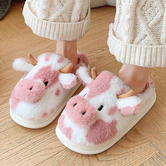 Women's Winter Warm Cartoon Cow Slippers Closed Toe Non Slip Furry House Shoes Women Indoor Bedroom Thick Sole Plush Slippers