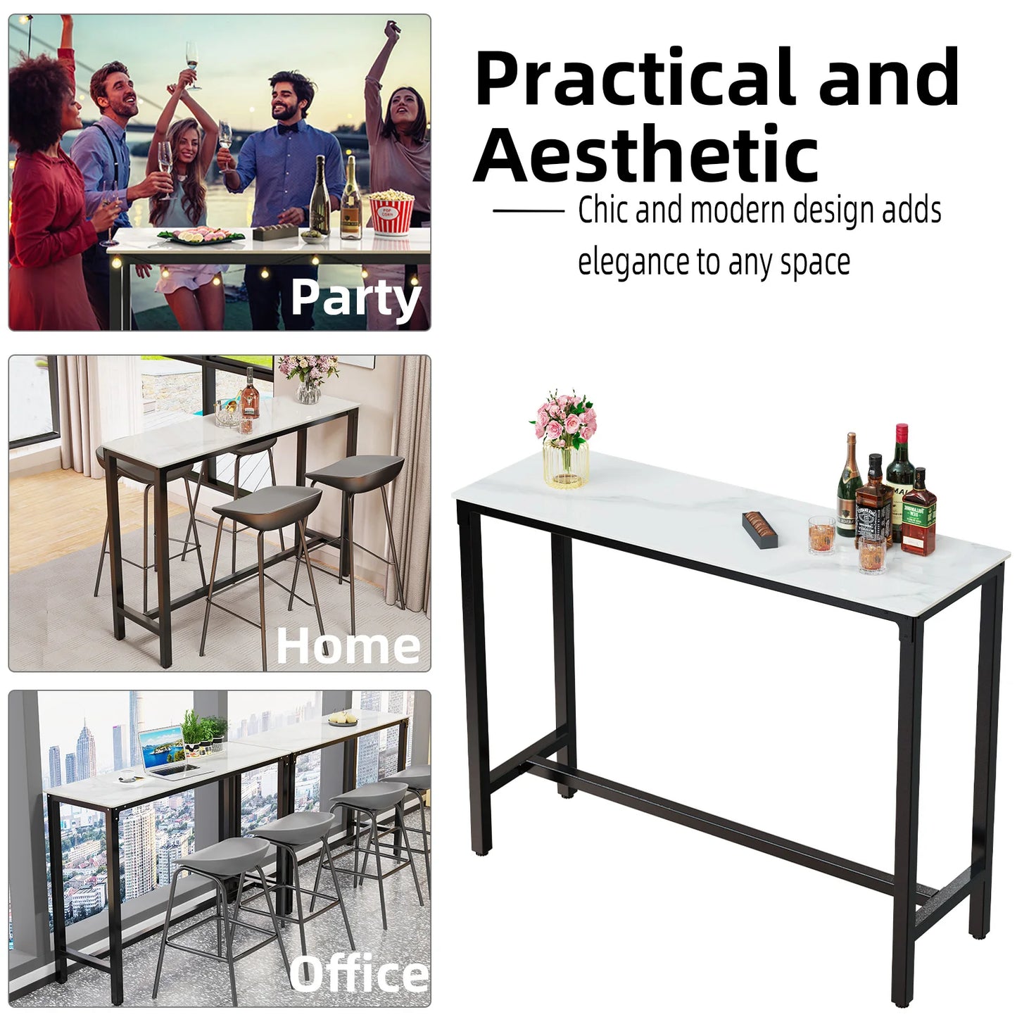 3-colors Extra Long Kitchen Bar Table, Rectangular Coffee Table, Metal Frame, Real Marble Console Table