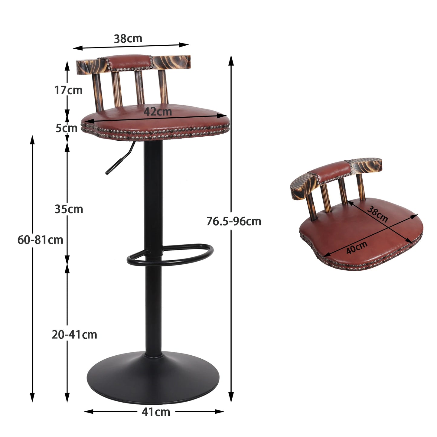 2X Industrial Leather Bar Stools 360° Swivel Adjustable Kitchen Breakfast Pub Chairs Vintage Wood Backrest