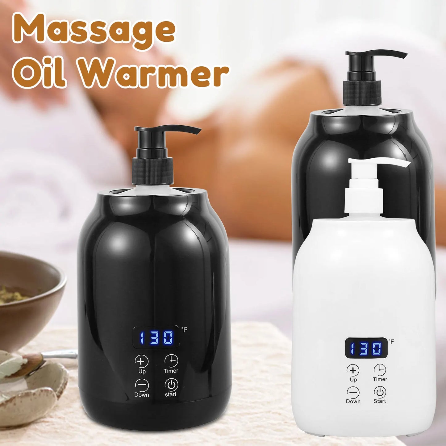 Massage Oil Warmer 30℃ to 65℃ Adjustable Lotion Bottle Warmer with 2 Oil Bottle Dispenser Smart Touch Key Electric Lotion Heater