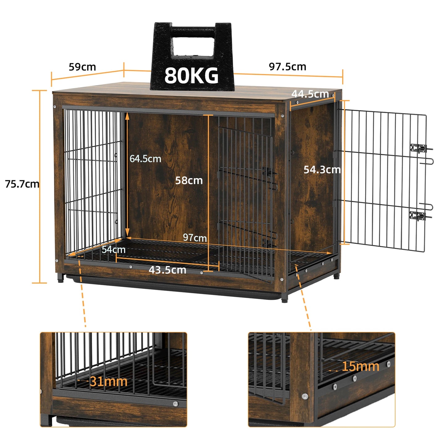 Pet Cage Kennels with 2 Doors and Removable Tray, Dog Crate, End Table Furniture, Wood Metal, Combine Pet Cage, S, M, L, 3 Sizes