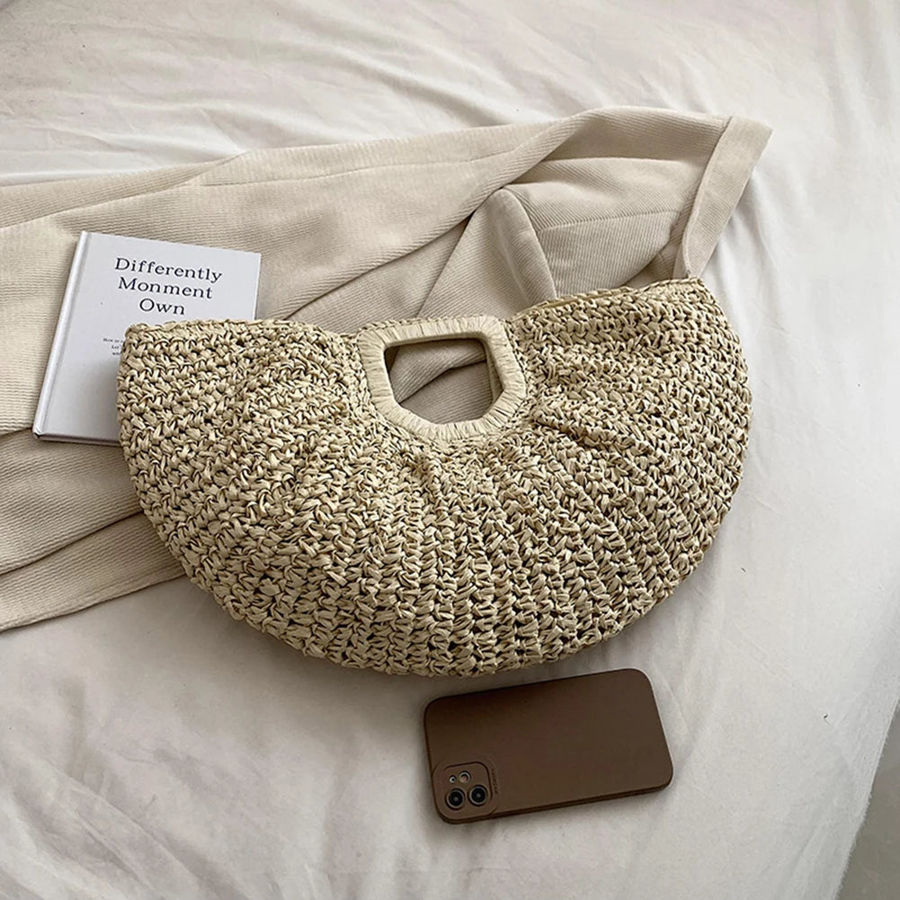 Women Handmade Straw Tote Bag Large Capacity Bohemia Moon Handbag Solid Color Simple Weaving Wrist Bag Summer Beach Bag