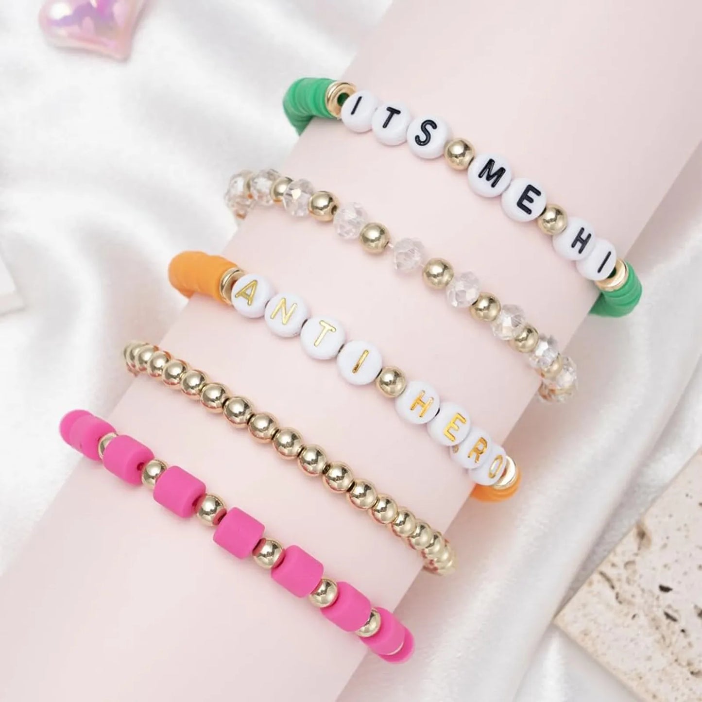 Five Piece Bracelet Set Of Men’s And Women’s Soft Clay Bracelets Fashionable Colourful Letter And Bead Print Beauty Bracelet