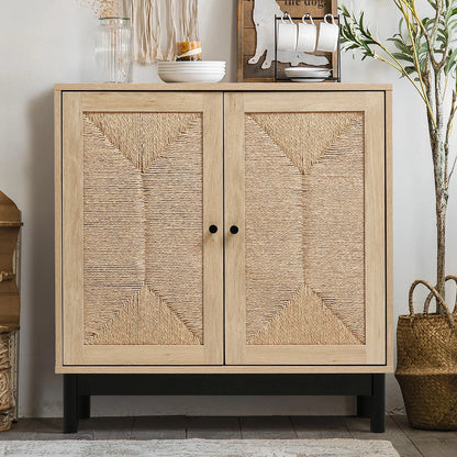 Rustic Wooden Sideboard with Woven Doors, 77cm W x 40cm D x 80.5cm H