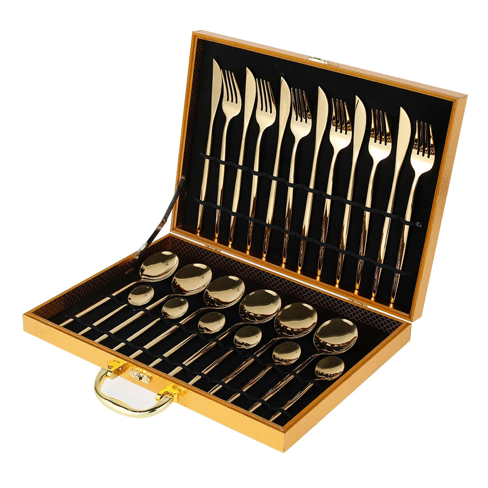 24Pcs Dinnerware Set Stainless Steel Cutlery Set Mirror Silverware Knife Fork Spoon Tableware Flatware Set Kitchen Dishwasher