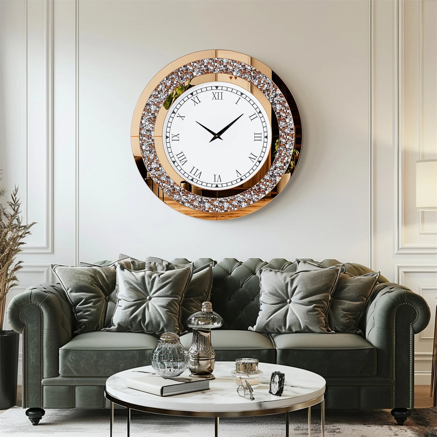 Silver/Tawny Tinted Round Mirror Clock Crystal Sparkle Twinkle Bling Crush Diamond Mirrored Wall Clock for Wall Decoration