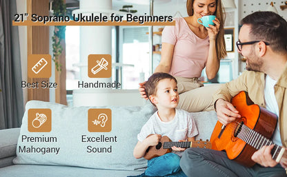 Ukulele for Kids Adults Beginners,21 Inch Soprano Ukulele Handmade Mahogany Wood Hawaiian Guitar with Strings Gig Bag, Brown