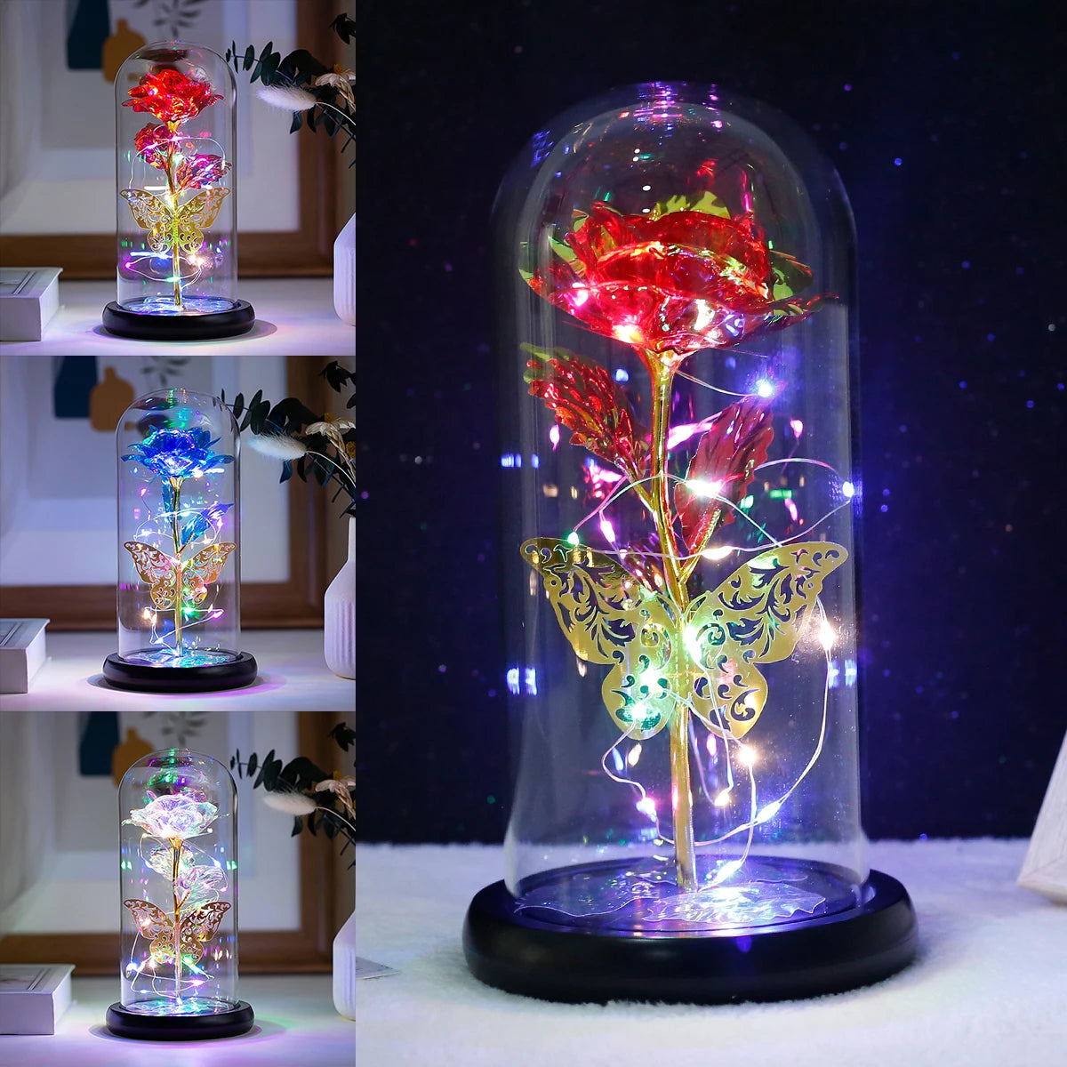 Rose Light Artificial Galaxy Rose Lamp with Butterfly  Colorful LED Rose Flowers In Glass Valentine's Mother Day Gift for Women