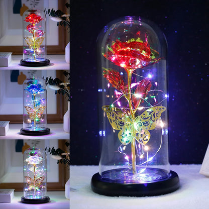 Rose Light Artificial Galaxy Rose Lamp with Butterfly  Colorful LED Rose Flowers In Glass Valentine's Mother Day Gift for Women