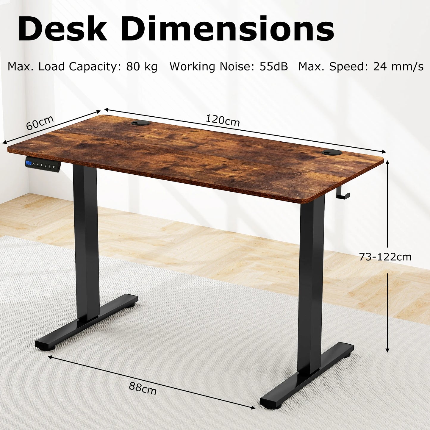 GOFLAME Electric Height Adjustable Standing Desk, 120 x 60cm Ergonomic Rising Computer Desk with 3 Memory Heights