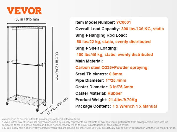 VEVOR Clothing Garment Rack Heavy Duty Clothes Rack Adjustable Length Clothes Rack w/ Bottom Shelf & Wheels for Laundry Room