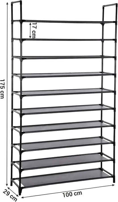 SONGMICS 10-Tier Shoe Rack, Shoe Stand, Space-Saving Shoe Storage, 29 x 100 x 175 cm, Metal Frame, Non-Woven Fabric Shelves