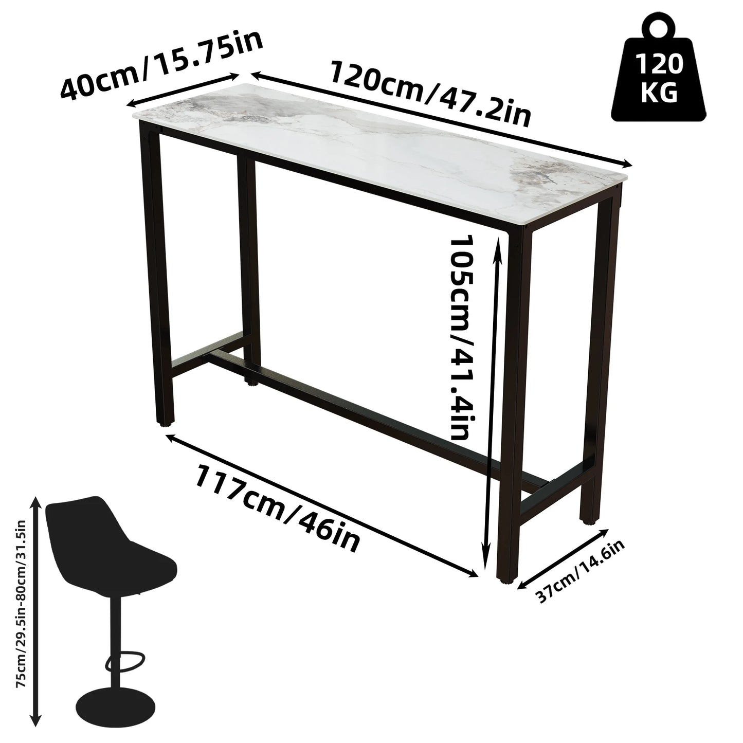 3-colors Extra Long Kitchen Bar Table, Rectangular Coffee Table, Metal Frame, Real Marble Console Table