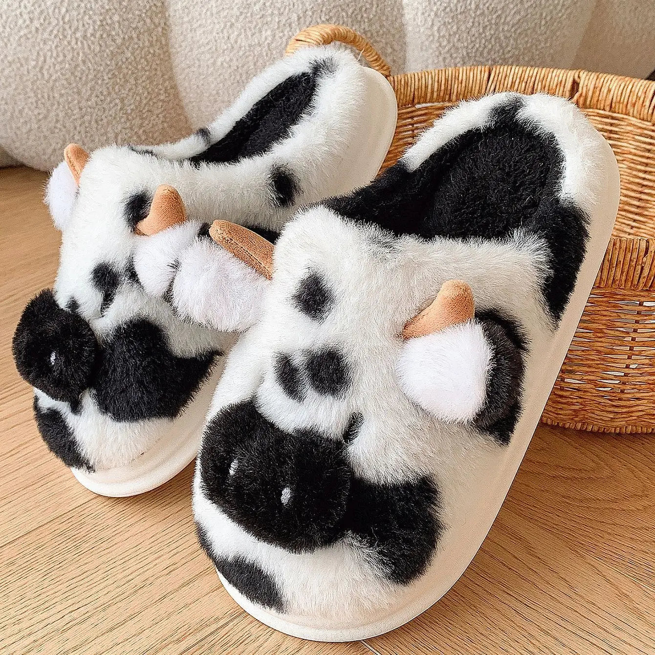 Pallene Cow milk Fuzzy Slippers Women Winter Cartoon Fur Slippers Soft Cozy Plush House Shoes Female Bedroom Cute Furry Slides