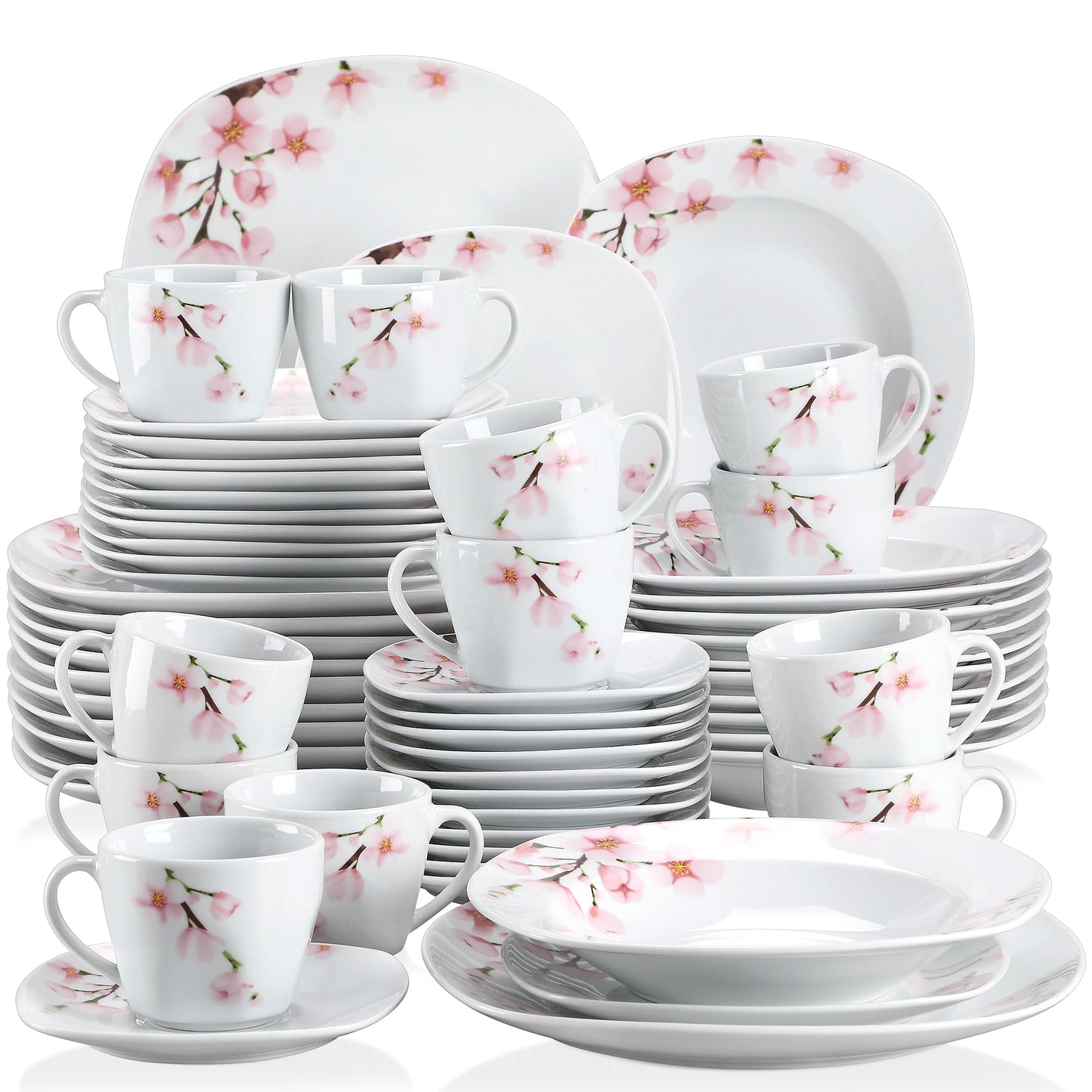 VEWEET 30/60-Piece White Ceramic Pink Floral Porcelain Plate Set with 5PCSDinner Soup Dessert Plate ,Cups Saucers for 12 Person