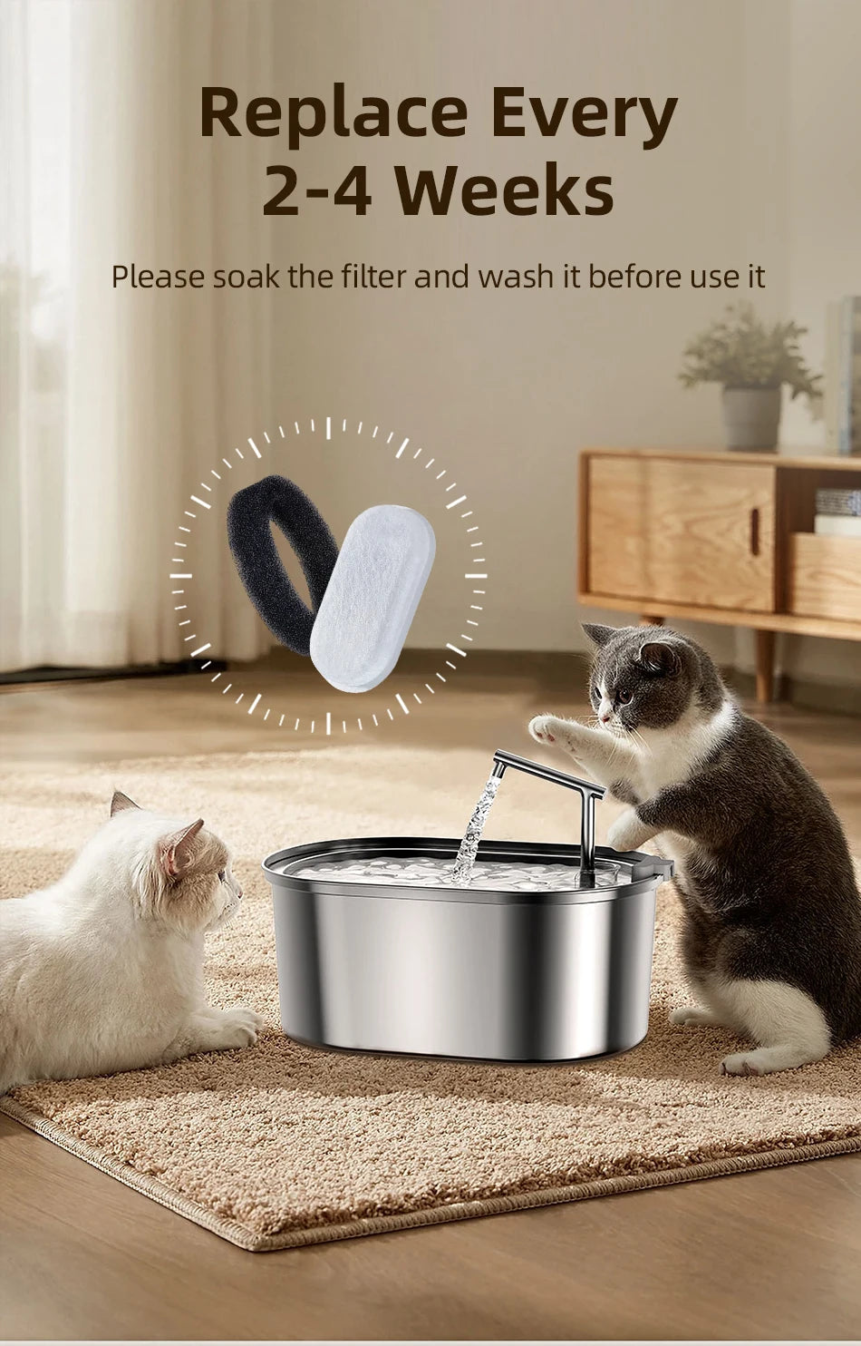 ROJECO Cat Fountain Filter For 3.2L Stainless Steel Cat Water Fountain Pet Water Dispenser Replacement Activated Carbon Filters