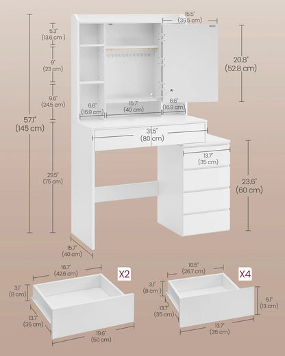 VASAGLE Dressing Table with LED Lights, Adjustable Brightness, 40 x 97.5 x 145 cm, Modern Makeup Desk, Vanity Table with Mirror