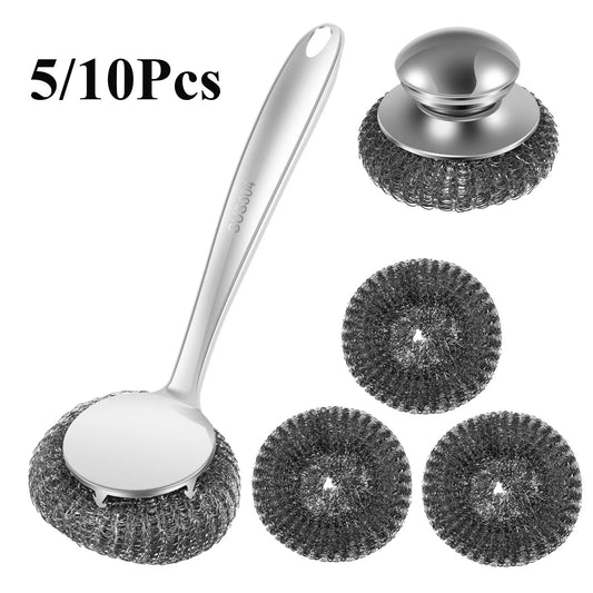 5/10Pcs Steel Wool Scrubber with Handle Detachable Stainless Steel Cleaning Brushes for Cleaning Dishes Stock Pots Pans Griddles