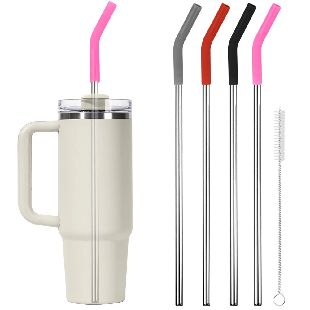 4Pcs Reusable Metal Straws with Silicone Tips Stainless Steel Straws Replacement with Cover for Stanley 40oz Cup Accessories