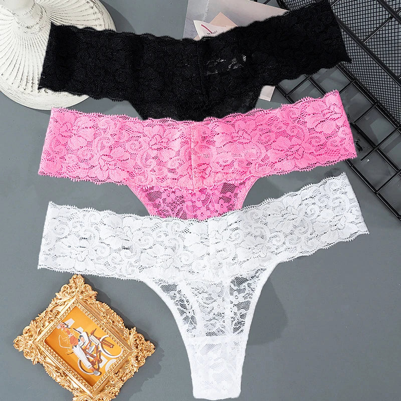 3PCS Lace Floral Women Panties Low Waist Breathable Briefs Female Thong Underwear M-2XL Solid Sexy G-String Transparent Panty