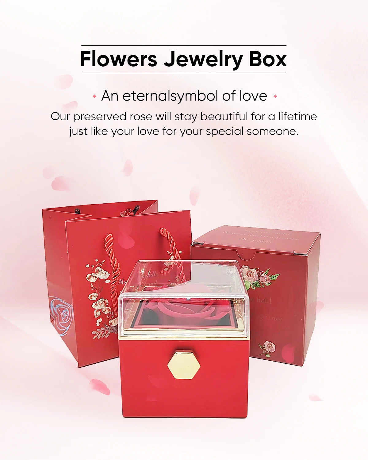 Rotating Jewelry Box with Necklace, Forever Flower Red Preserved Rose Box Mother's Day Birthday for Mom Wife Girlfriend