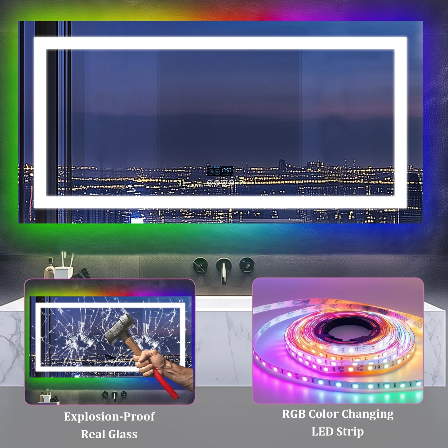 Rectangular LED Bathroom Mirror, Front-lit, RGB Backlight, Touch Antifog Vanity Mirror with Date and Time Bluetooth Speaker