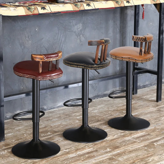 2X Industrial Leather Bar Stools 360° Swivel Adjustable Kitchen Breakfast Pub Chairs Vintage Wood Backrest