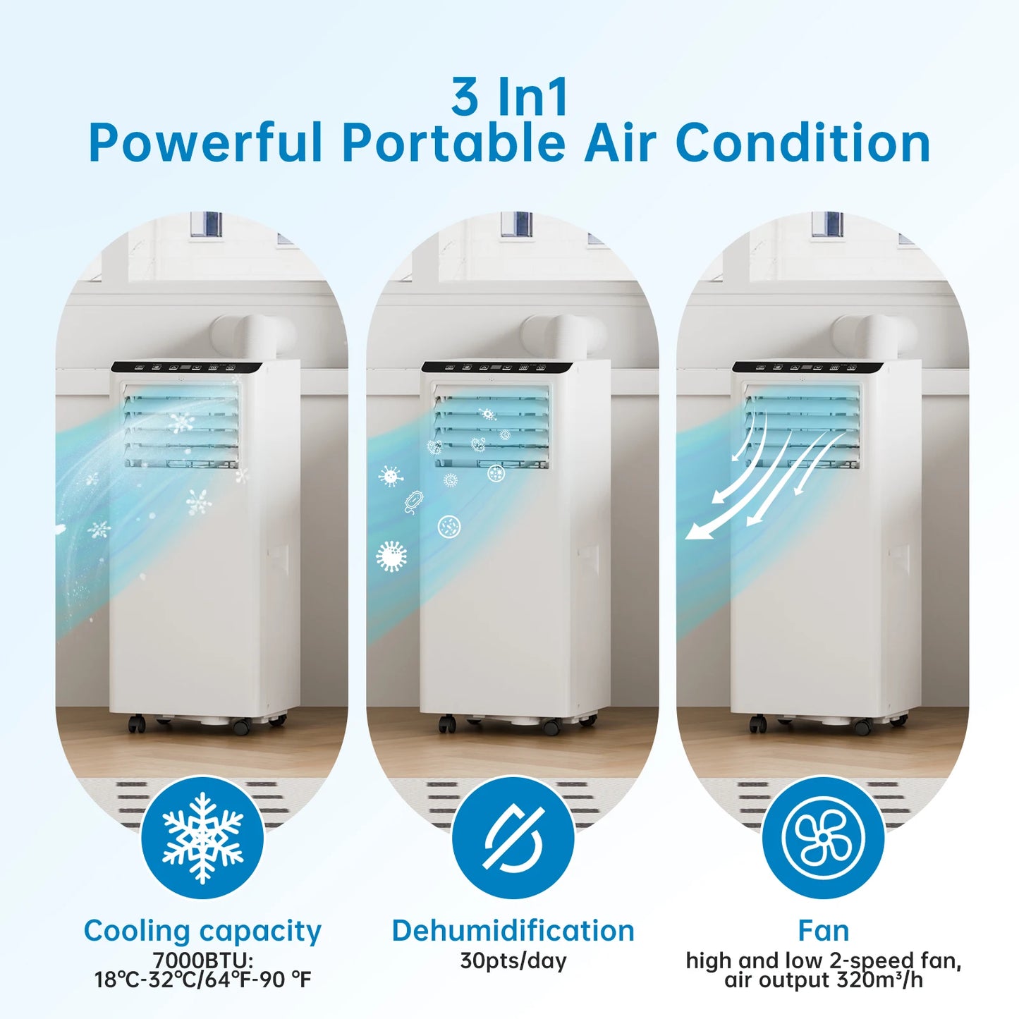 4-In-1 Portable Air Conditioner With Follow Me Function, 7000BTU Dehumidifier, Ventilation, 24 Hour Timer,Sleep Mode&Window Kit