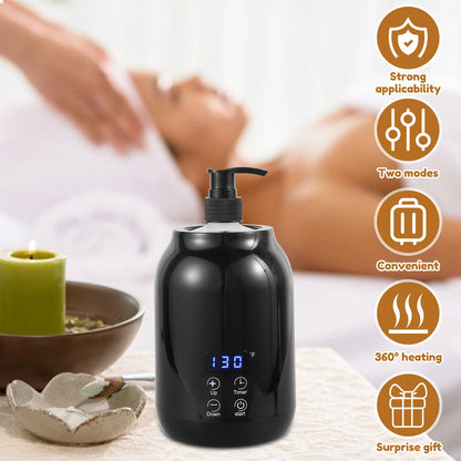 Massage Oil Warmer 30℃ to 65℃ Adjustable Lotion Bottle Warmer with 2 Oil Bottle Dispenser Smart Touch Key Electric Lotion Heater