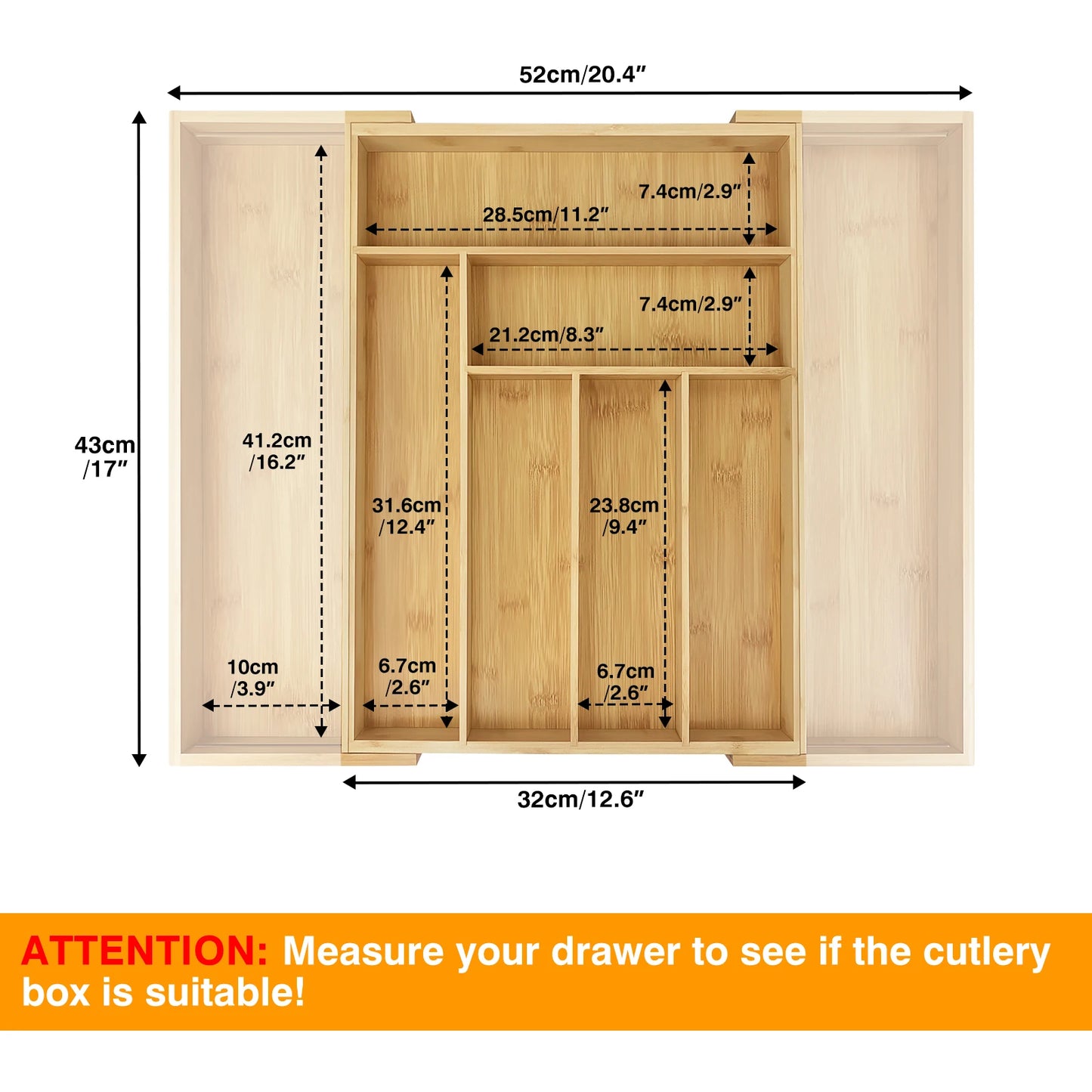 VickyHome Extendable Bamboo Cutlery Tray Kitchen Drawer Organiser 6-8 Storage Compartments