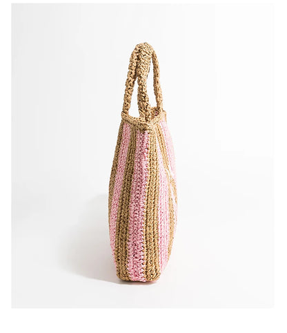 Women Summer Beach Vacation Fashion Straw Knitting Shoulder Bag Hollow Out Handwoven Handbag Portable Large Capacity Casual Tote