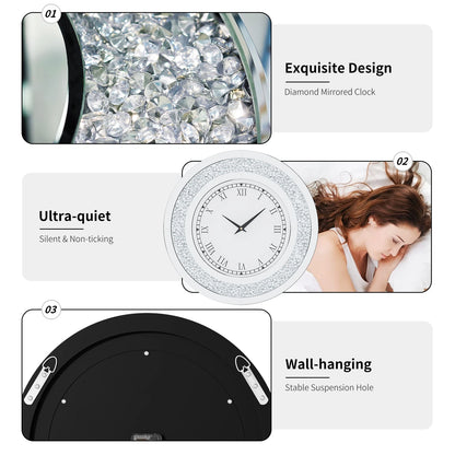 Silver/Tawny Tinted Round Mirror Clock Crystal Sparkle Twinkle Bling Crush Diamond Mirrored Wall Clock for Wall Decoration