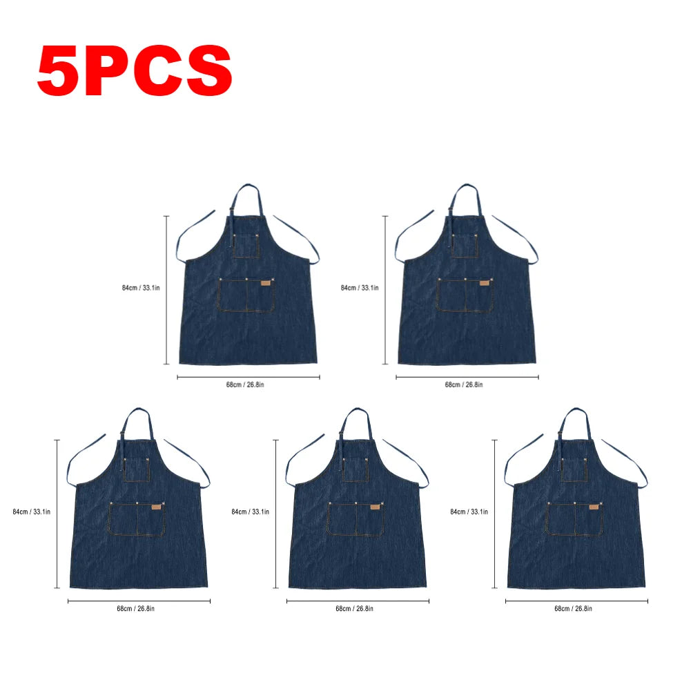 1-5PCS Barber Denim Apron Household Oil-proof Apron Adjustable Neckband Waistline Apron With Tool Pocket For Home Kitchen Barber