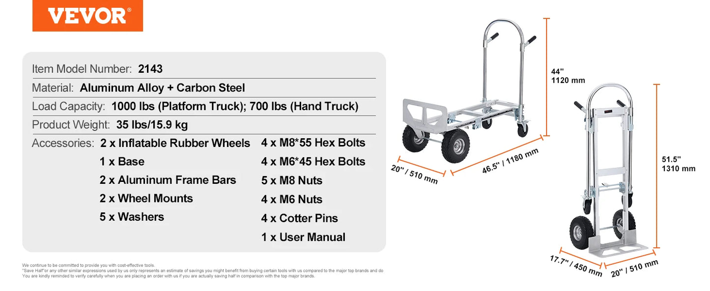 VEVOR Aluminum Folding Hand Truck Heavy Duty Industrial Collapsible Dolly Cart for Transport and Moving in Warehouse Supermarket