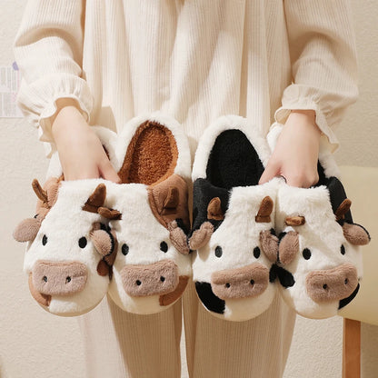 New Winter Unisex Cartoon Cow Warm Plush Slippers Couple's Indoor Non-slip House Slides Men And Women Toe Wrap Home Cotton Shoes