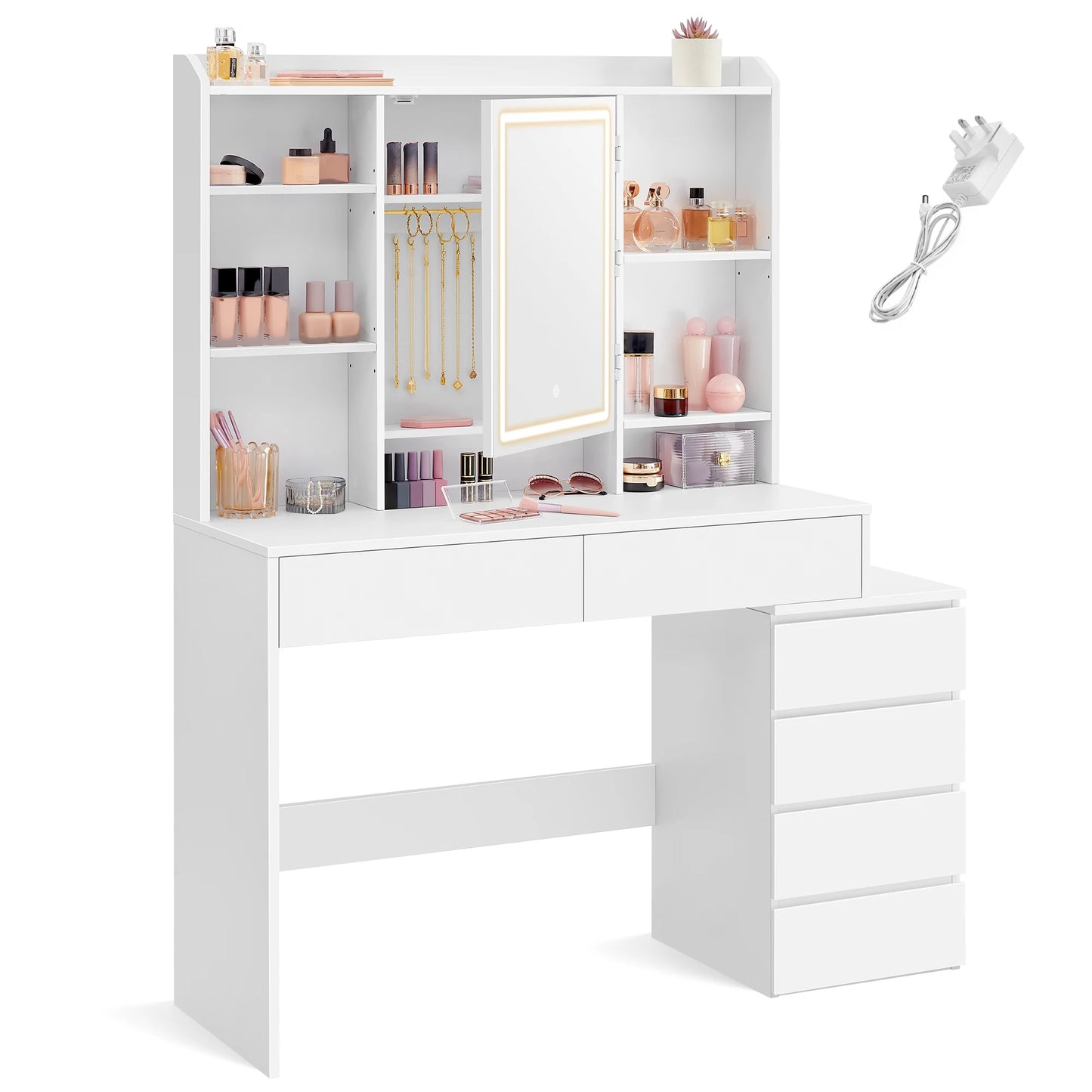 VASAGLE Dressing Table with LED Lights, Adjustable Brightness, 40 x 117.5 x 145 cm,Vanity Table with Mirror, Drawers