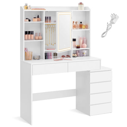 VASAGLE Dressing Table with LED Lights, Adjustable Brightness, 40 x 117.5 x 145 cm,Vanity Table with Mirror, Drawers