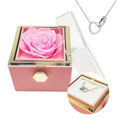 Rotating Jewelry Box with Necklace, Forever Flower Red Preserved Rose Box Mother's Day Birthday for Mom Wife Girlfriend