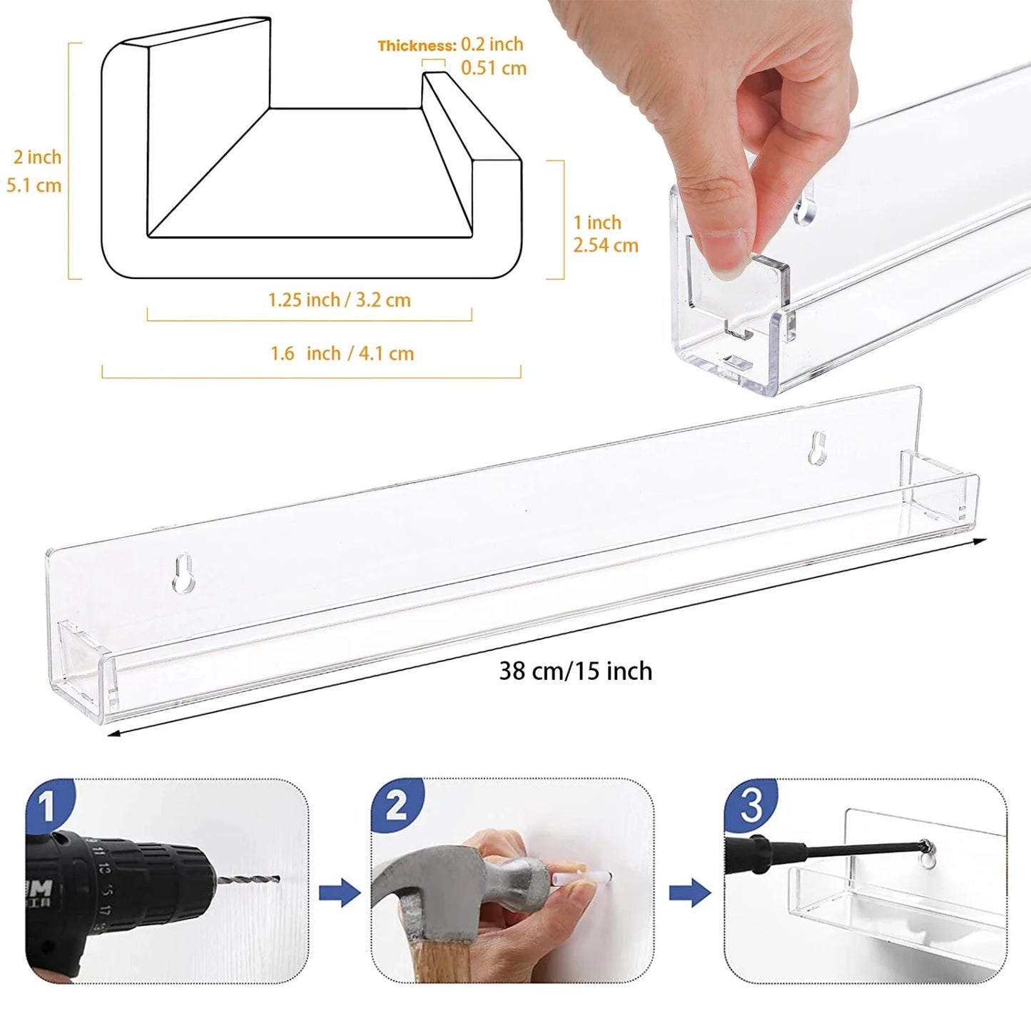 Stylish, Modern Set of 2/4/6 Packs - Acrylic Floating Bookshelf and 15 Inches Nail Polish Rack Wall Mounted Shelf with Removable